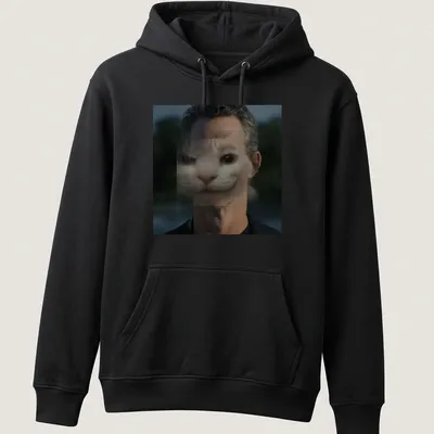 Surreal print featuring a cat face merging with a human face in gray and black — printed on a unisex hoodie