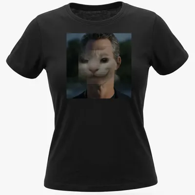 Surreal print featuring a cat face merging with a human face in gray and black — printed on a women's shirt