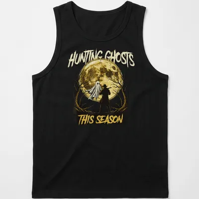 Vintage Halloween t-shirt featuring a ghost and hunter with text about hunting ghosts. — printed on a tank top