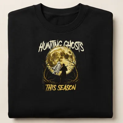 Vintage Halloween t-shirt featuring a ghost and hunter with text about hunting ghosts. — printed on a unisex sweatshirt