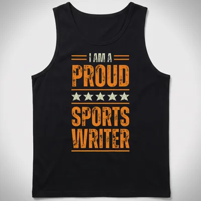 Vintage distressed shirt with the phrase I AM A PROUD SPORTS WRITER in orange and light green — printed on a tank top