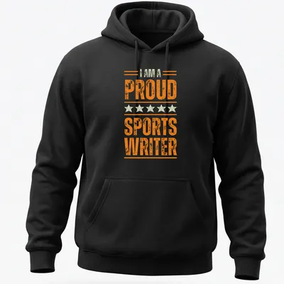 Vintage distressed shirt with the phrase I AM A PROUD SPORTS WRITER in orange and light green — printed on a unisex hoodie