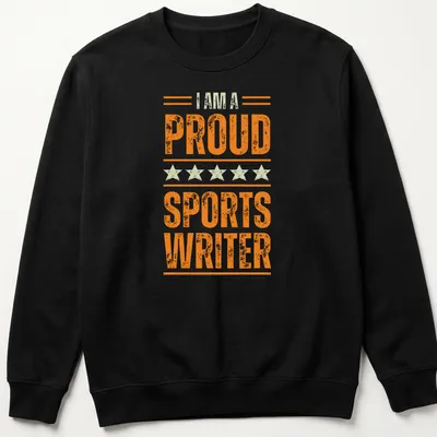 Vintage distressed shirt with the phrase I AM A PROUD SPORTS WRITER in orange and light green — printed on a unisex sweatshirt