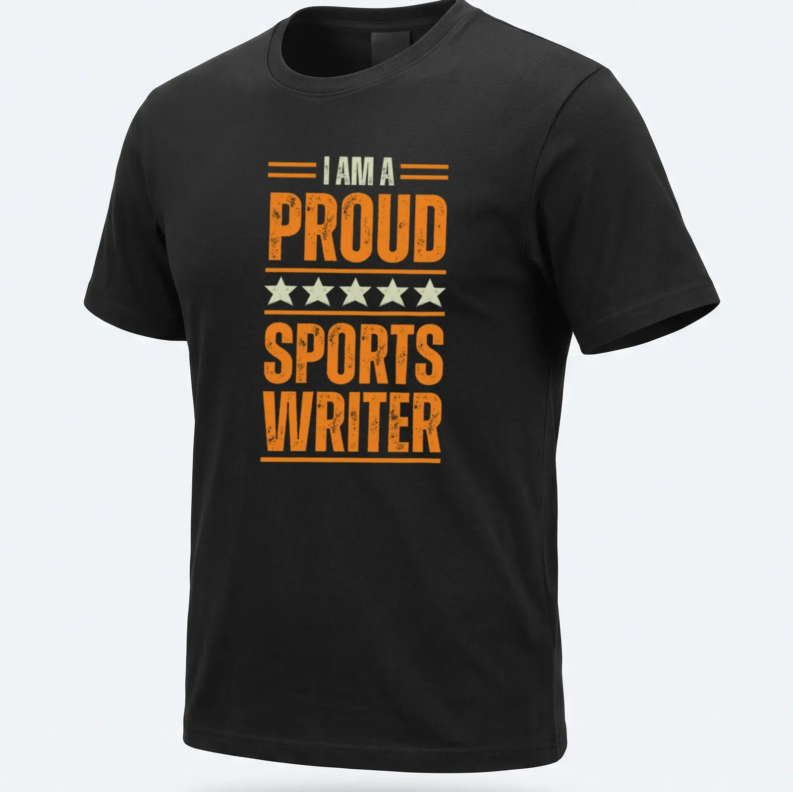 Vintage distressed shirt with the phrase I AM A PROUD SPORTS WRITER in orange and light green — printed on a unisex t-shirt