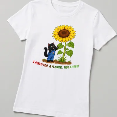 Cartoon black cat with colorful flowers and tree branches, text humorously stating what was asked for. — printed on a women's shirt