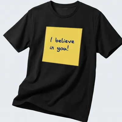 Playful illustration of a sticky note with the text 'I believe in you!' in yellow and blue.
