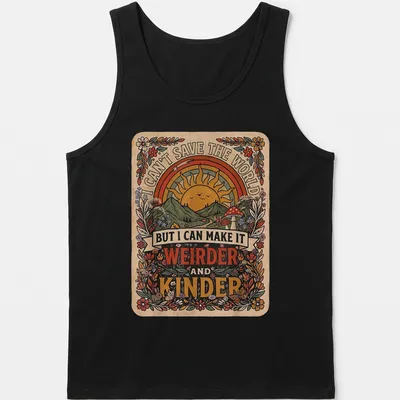 Vintage floral t-shirt featuring a sunrise over mountains, flowers, and mushrooms with uplifting text — printed on a tank top