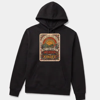 Vintage floral t-shirt featuring a sunrise over mountains, flowers, and mushrooms with uplifting text — printed on a unisex hoodie
