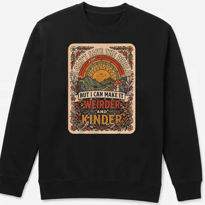 Vintage floral t-shirt featuring a sunrise over mountains, flowers, and mushrooms with uplifting text — printed on a unisex sweatshirt