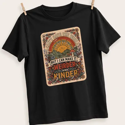 Vintage floral t-shirt featuring a sunrise over mountains, flowers, and mushrooms with uplifting text — printed on a unisex t-shirt