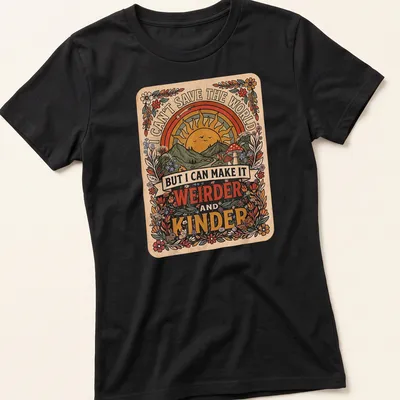 Vintage floral t-shirt featuring a sunrise over mountains, flowers, and mushrooms with uplifting text — printed on a women's shirt