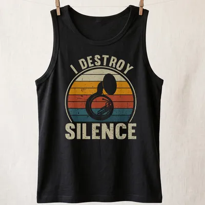 Retro distressed t-shirt with the phrase I Destroy Silence, featuring a sousaphone graphic — printed on a tank top