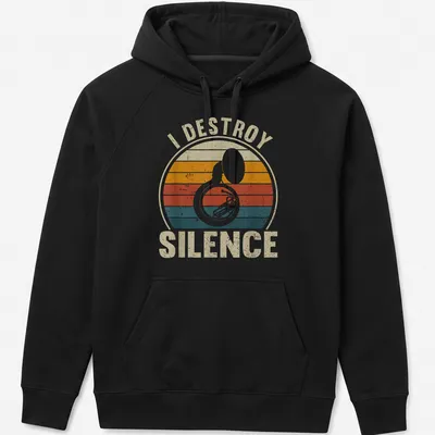 Retro distressed t-shirt with the phrase I Destroy Silence, featuring a sousaphone graphic — printed on a unisex hoodie
