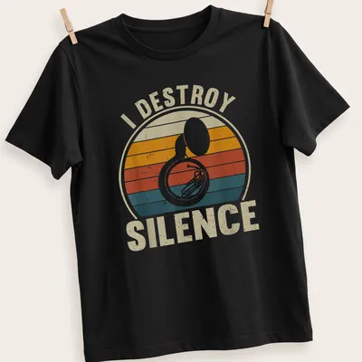 Retro distressed t-shirt with the phrase I Destroy Silence, featuring a sousaphone graphic — printed on a unisex t-shirt
