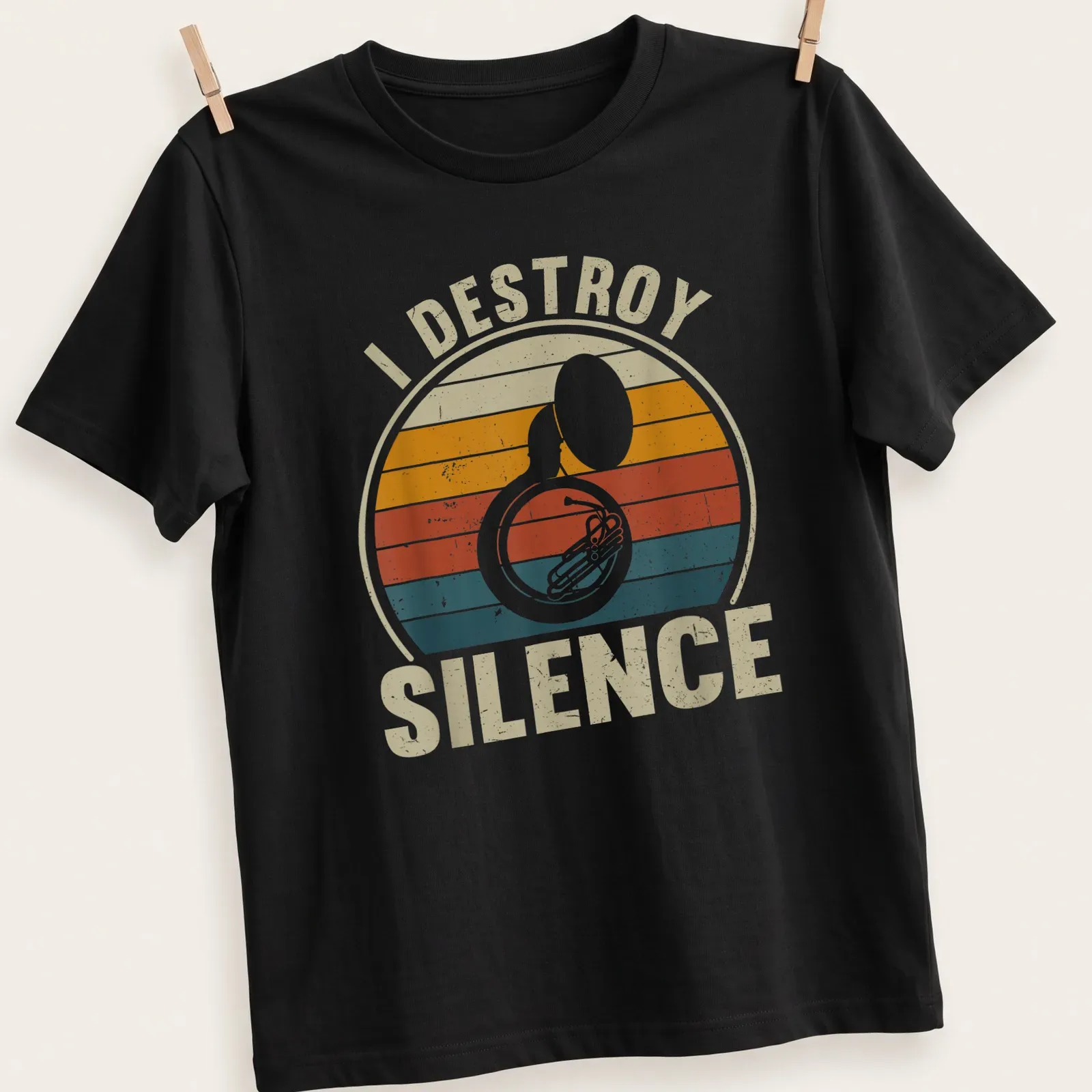 Retro distressed t-shirt with the phrase I Destroy Silence, featuring a sousaphone graphic — printed on a unisex t-shirt