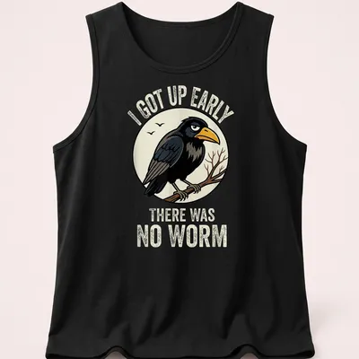 Funny bird shirt with retro design and humorous text about worms — printed on a tank top