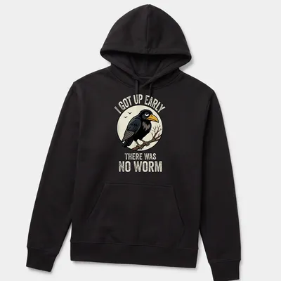 Funny bird shirt with retro design and humorous text about worms — printed on a unisex hoodie