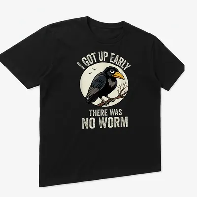 Funny bird shirt with retro design and humorous text about worms — printed on a unisex t-shirt (angled view)