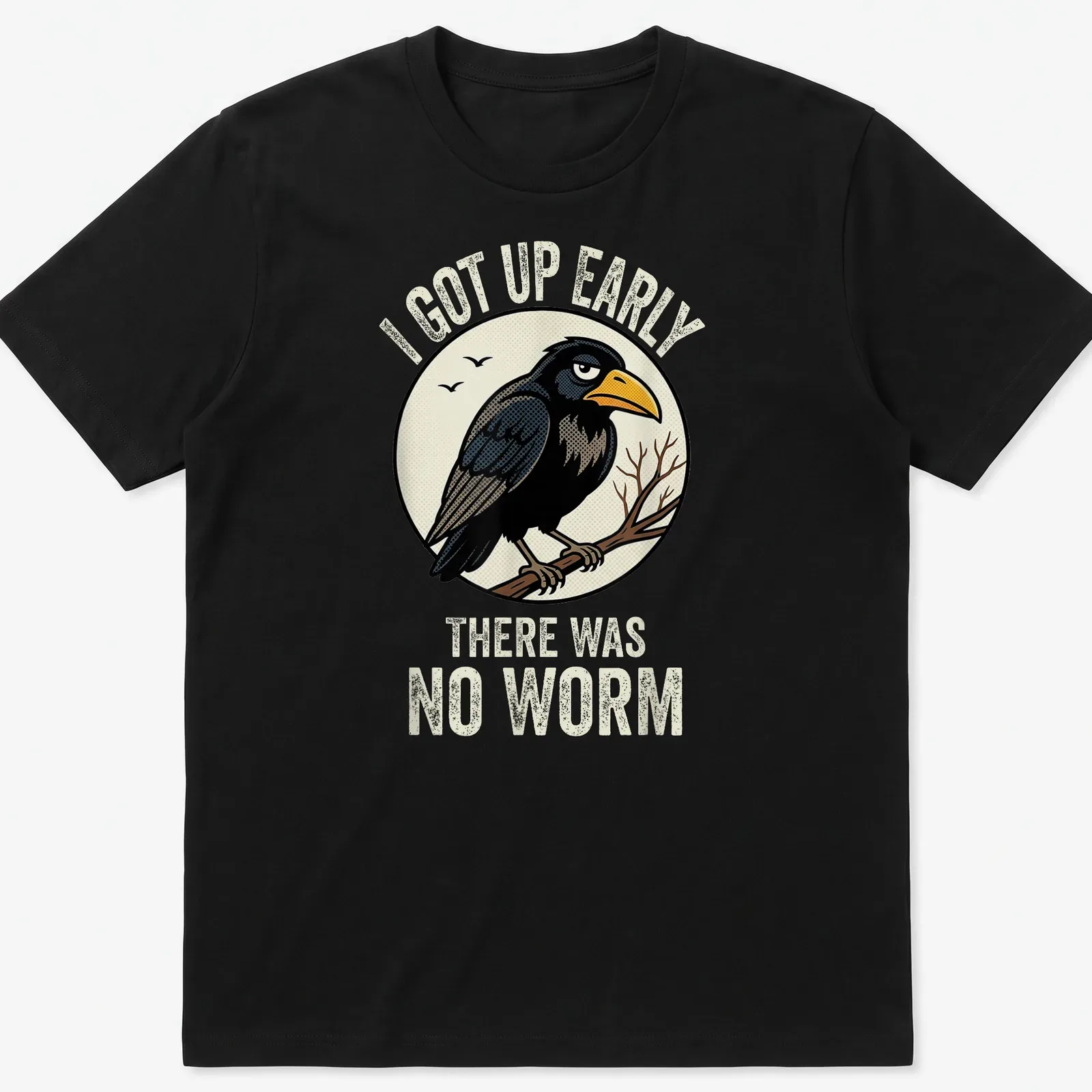 Funny bird shirt with retro design and humorous text about worms — printed on a unisex t-shirt