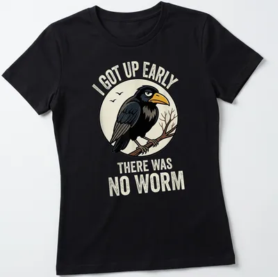 Funny bird shirt with retro design and humorous text about worms — printed on a women's shirt