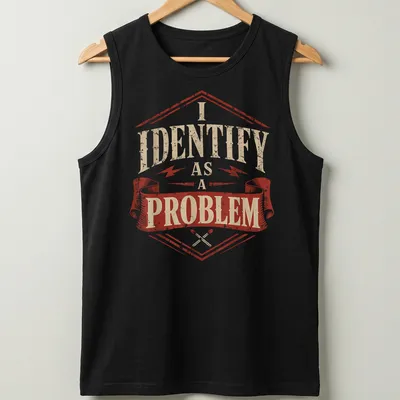 Vintage distressed t-shirt featuring a sarcastic badge with text: I IDENTIFY as A PROBLEM — printed on a tank top