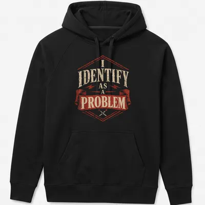 Vintage distressed t-shirt featuring a sarcastic badge with text: I IDENTIFY as A PROBLEM — printed on a unisex hoodie