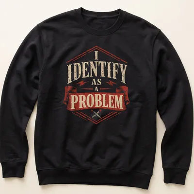 Vintage distressed t-shirt featuring a sarcastic badge with text: I IDENTIFY as A PROBLEM — printed on a unisex sweatshirt
