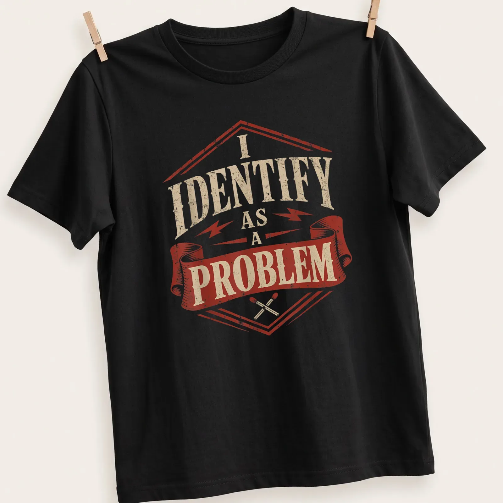 Vintage distressed t-shirt featuring a sarcastic badge with text: I IDENTIFY as A PROBLEM — printed on a unisex t-shirt