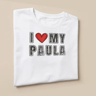 Retro distressed t-shirt featuring 'I ❤️ MY PAULA' with a heart graphic — printed on a unisex t-shirt (angled view)