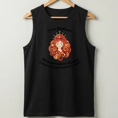 Kawaii illustration of a redhead woman with a crown and playful text about her hair color. — printed on a tank top