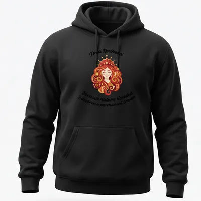 Kawaii illustration of a redhead woman with a crown and playful text about her hair color. — printed on a unisex hoodie