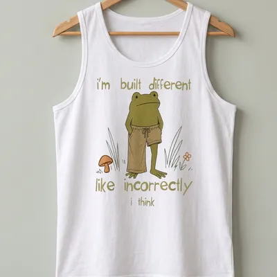 Cartoon frog illustration with humorous text about being different — printed on a tank top