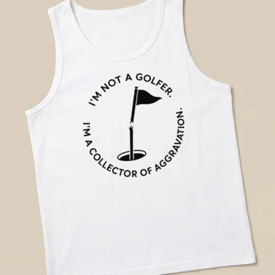 Minimalist design featuring golf flag and hole with sarcastic text about golf — printed on a tank top