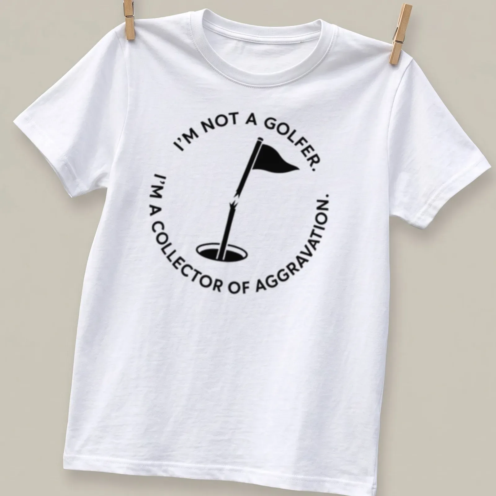 Minimalist design featuring golf flag and hole with sarcastic text about golf — printed on a unisex t-shirt