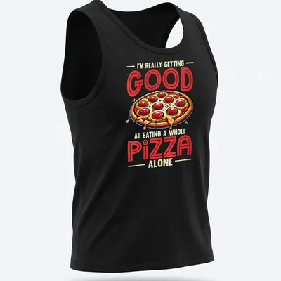 Vintage cartoon t-shirt featuring a playful pizza graphic and humorous text. — printed on a tank top