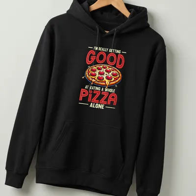 Vintage cartoon t-shirt featuring a playful pizza graphic and humorous text. — printed on a unisex hoodie