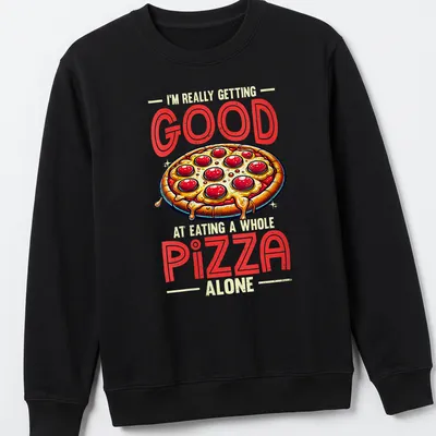 Vintage cartoon t-shirt featuring a playful pizza graphic and humorous text. — printed on a unisex sweatshirt