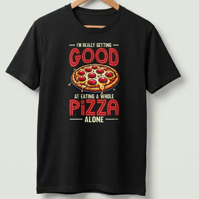 Vintage cartoon t-shirt featuring a playful pizza graphic and humorous text. — printed on a unisex t-shirt