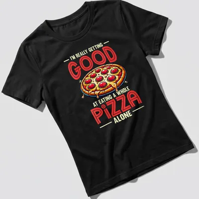 Vintage cartoon t-shirt featuring a playful pizza graphic and humorous text. — printed on a women's shirt