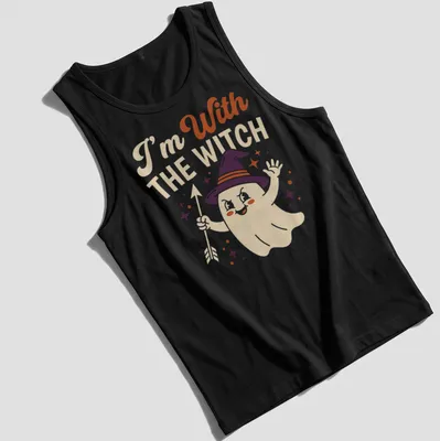 Playful cartoon ghost with witch hat and text 'I'm With THE WITCH' in Halloween colors — printed on a tank top