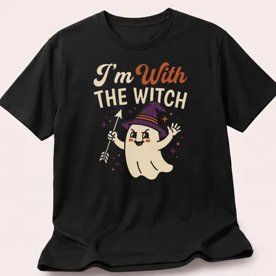 Playful cartoon ghost with witch hat and text 'I'm With THE WITCH' in Halloween colors