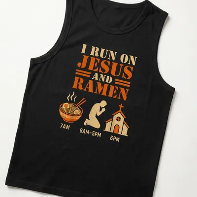 Vintage T-shirt with the phrase I Run On Jesus And Ramen over a bowl and praying figure — printed on a tank top