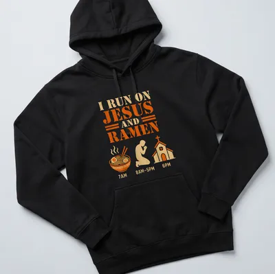 Vintage T-shirt with the phrase I Run On Jesus And Ramen over a bowl and praying figure — printed on a unisex hoodie