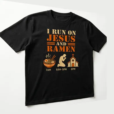 Vintage T-shirt with the phrase I Run On Jesus And Ramen over a bowl and praying figure — printed on a unisex t-shirt (angled view)