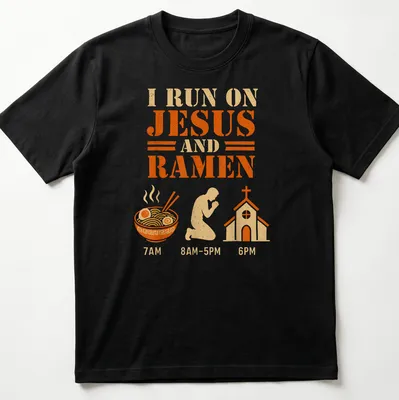 Vintage T-shirt with the phrase I Run On Jesus And Ramen over a bowl and praying figure — printed on a unisex t-shirt