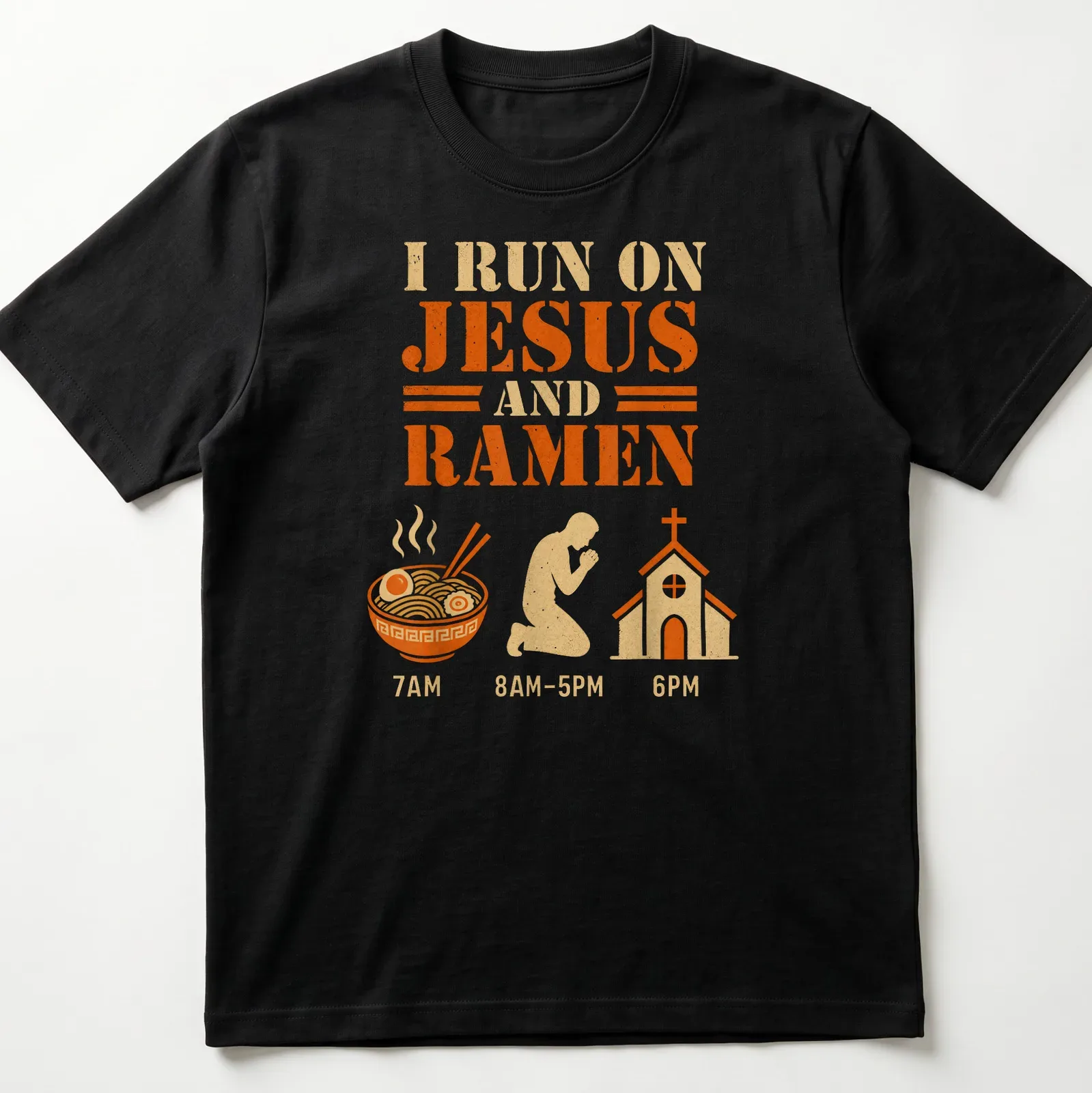 Vintage T-shirt with the phrase I Run On Jesus And Ramen over a bowl and praying figure — printed on a unisex t-shirt