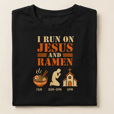 Vintage T-shirt with the phrase I Run On Jesus And Ramen over a bowl and praying figure — printed on a women's shirt