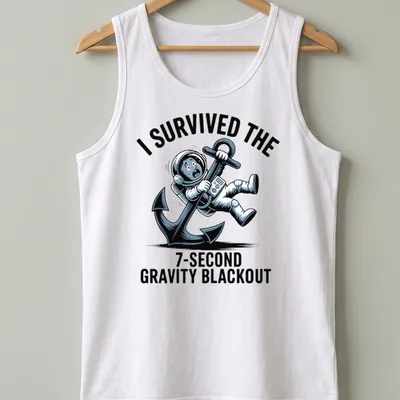 Cartoon astronaut holding an anchor with humorous text about survival. — printed on a tank top