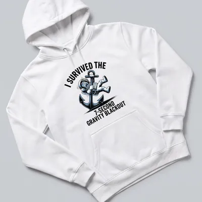 Cartoon astronaut holding an anchor with humorous text about survival. — printed on a unisex hoodie