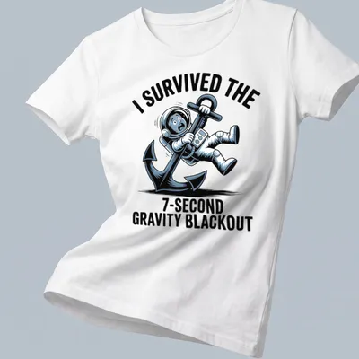 Cartoon astronaut holding an anchor with humorous text about survival. — printed on a women's shirt
